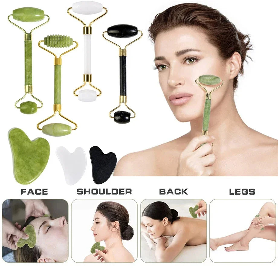 Jade Face Roller Guasha Scraping Board Set Double Heads Jade Stone Lift Body Slim Neck Face Lifting Roller