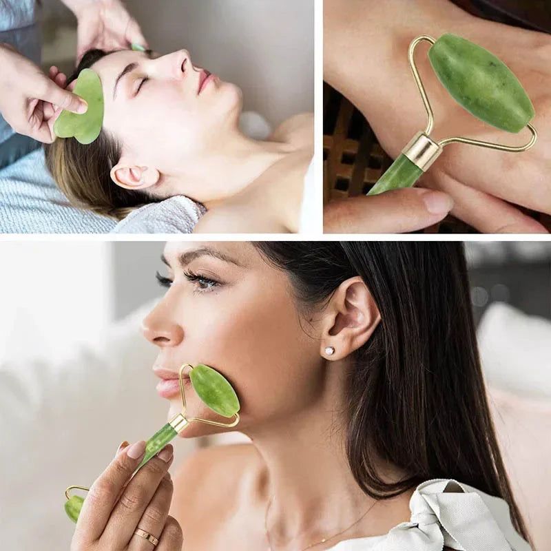 Jade Face Roller Guasha Scraping Board Set Double Heads Jade Stone Lift Body Slim Neck Face Lifting Roller