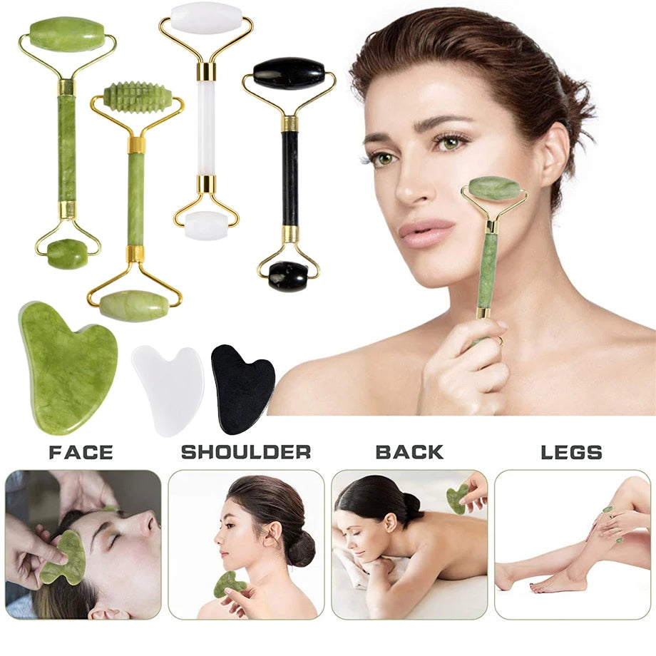 Jade Face Roller Guasha Scraping Board Set Double Heads Jade Stone Lift Body Slim Neck Face Lifting Roller