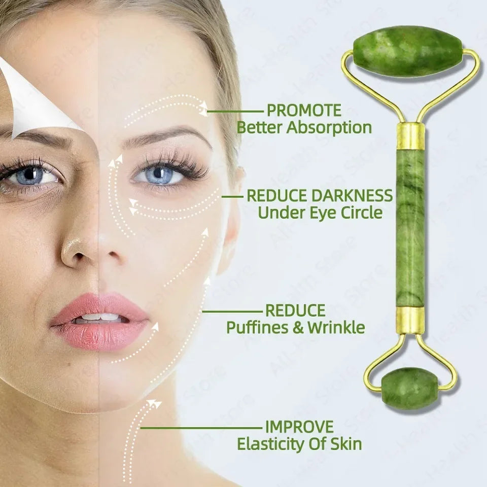 Jade Face Roller Guasha Scraping Board Set Double Heads Jade Stone Lift Body Slim Neck Face Lifting Roller