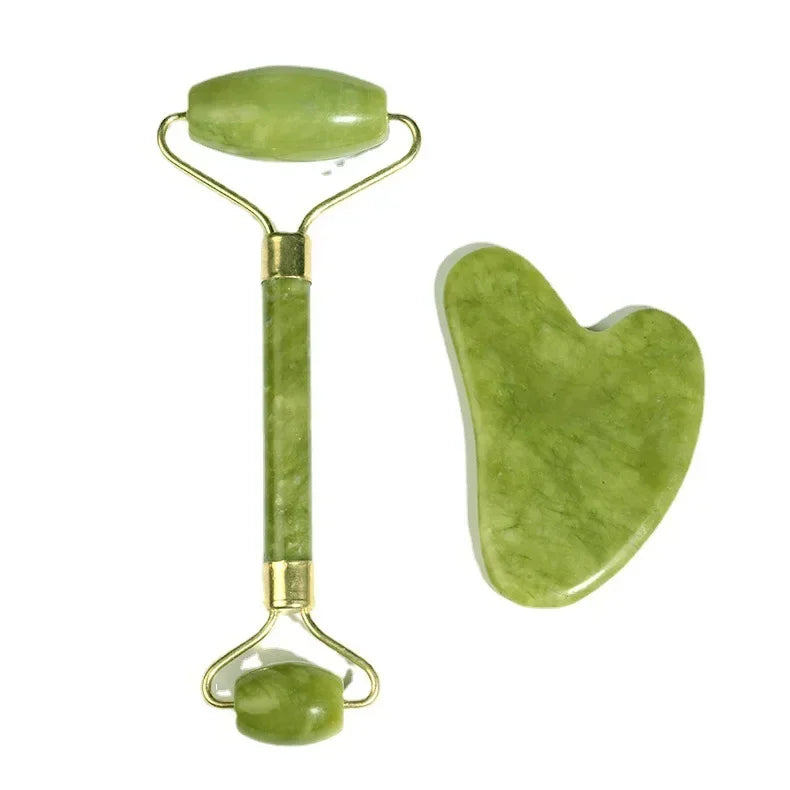 Jade Face Roller Guasha Scraping Board Set Double Heads Jade Stone Lift Body Slim Neck Face Lifting Roller