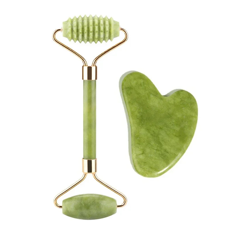 Jade Face Roller Guasha Scraping Board Set Double Heads Jade Stone Lift Body Slim Neck Face Lifting Roller