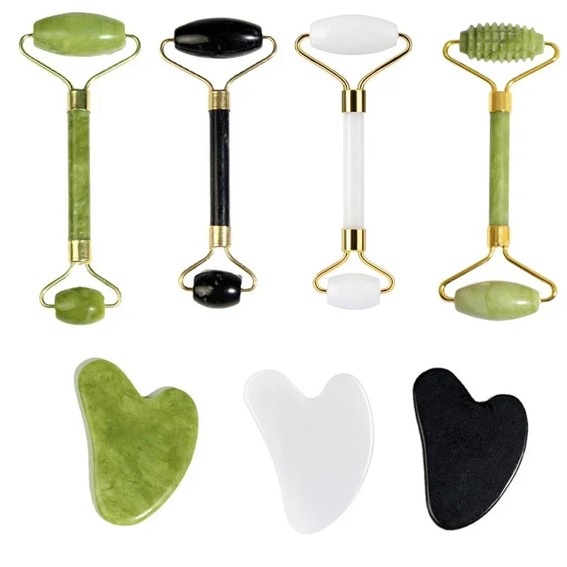 Jade Face Roller Guasha Scraping Board Set Double Heads Jade Stone Lift Body Slim Neck Face Lifting Roller