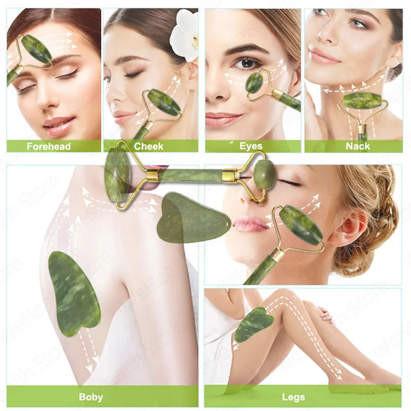 Jade Face Roller Guasha Scraping Board Set Double Heads Jade Stone Lift Body Slim Neck Face Lifting Roller