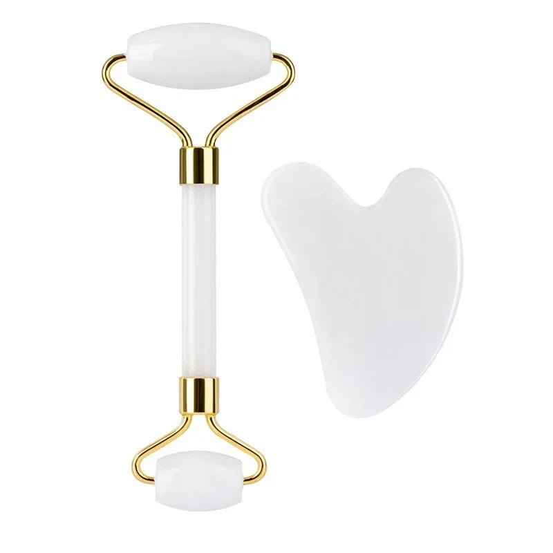 Jade Face Roller Guasha Scraping Board Set Double Heads Jade Stone Lift Body Slim Neck Face Lifting Roller
